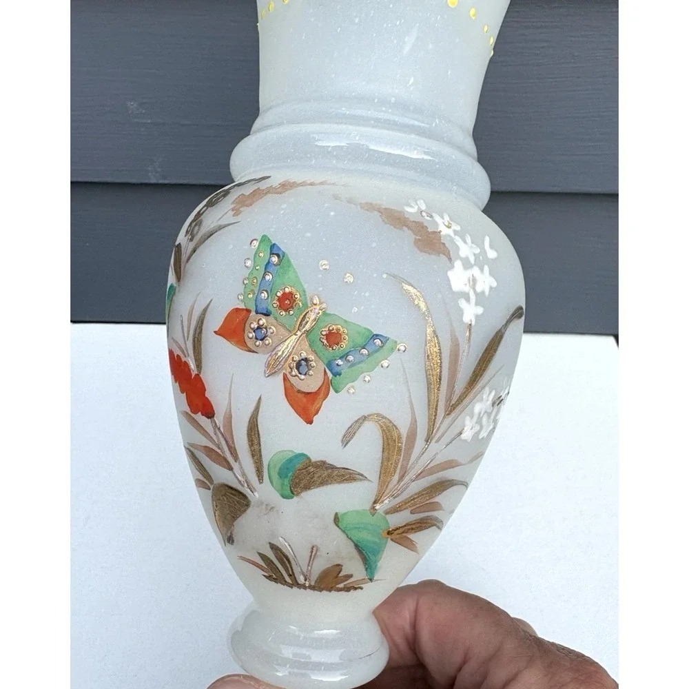 Antique Bristol opaline blown glass matched vases hand painted butterflies EVC